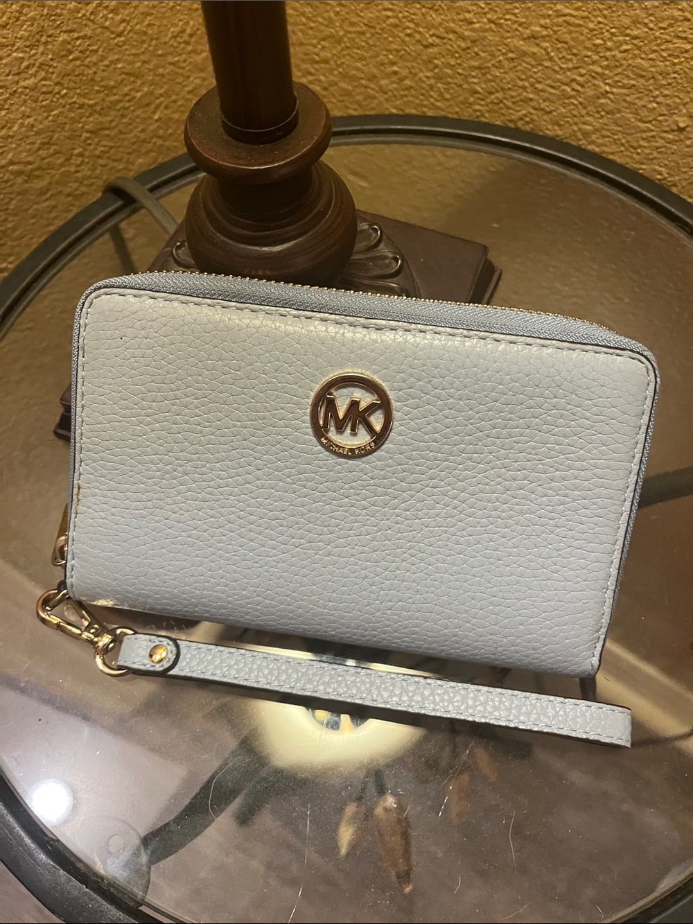 Michael Kors light blue Pebbled Leather Wristlet Clutch with Gold MK see photos